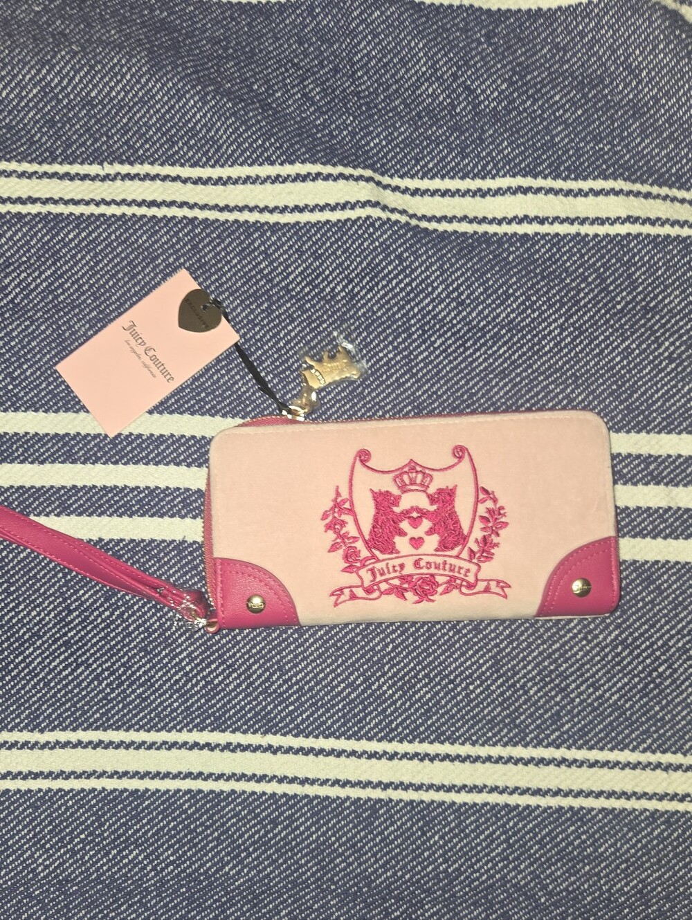 Juicy Couture Pink Embroidered Crest Zip Wallet with Wrist Strap